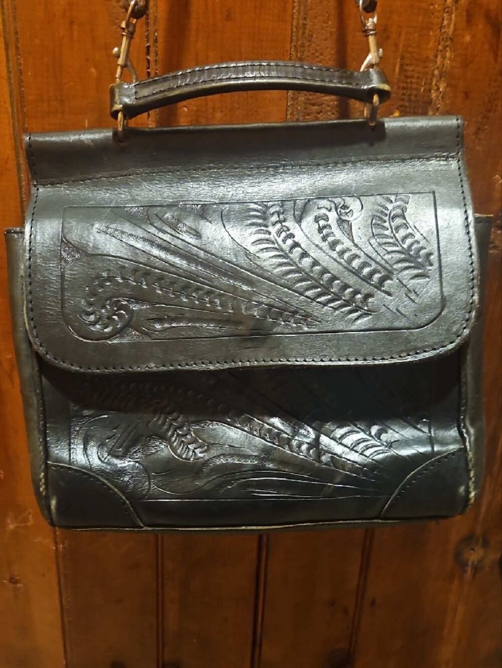 Vintage Hand-Tooled Black Leather Satchel with Silver Buckle - Picture 3 of 6